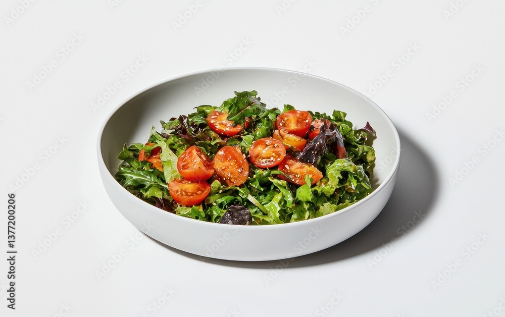 Simple salad with red cherry tomatoes and mixed greens in a white bowl, set against a white background. The salad is lightly dressed with sesame seeds visible Simple salad with red cherry tomatoes and mixed greens in a white bowl, set against a white background. The salad is lightly dressed with sesame seeds visible