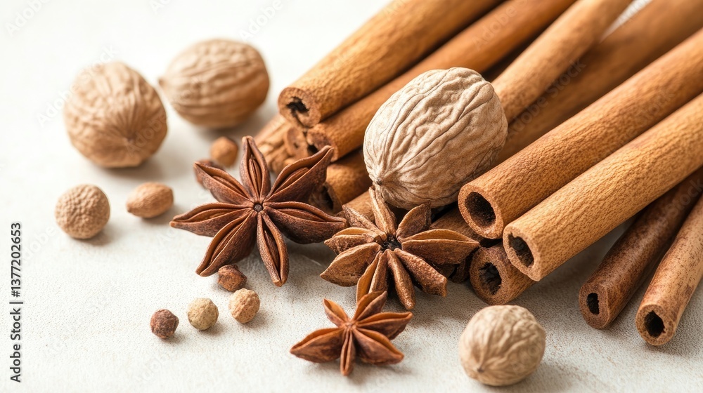 Cinnamon sticks, nutmeg, and star anise arranged beautifully on a light background, capturing the warm aromas and rustic charm of culinary ingredients. Cinnamon sticks, nutmeg, and star anise arranged beautifully on a light background, capturing the warm aromas and rustic charm of culinary ingredients.