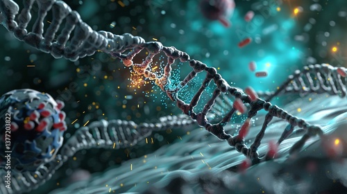 Futuristic digital of a complex DNA helix molecule structure glowing with energy and particles in a high tech scientific research laboratory setting representing innovation discovery