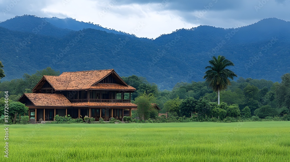 Fototapeta premium Quaint house situated in a lush green field highlighting the charm of rural lifestyle and natural surroundings 