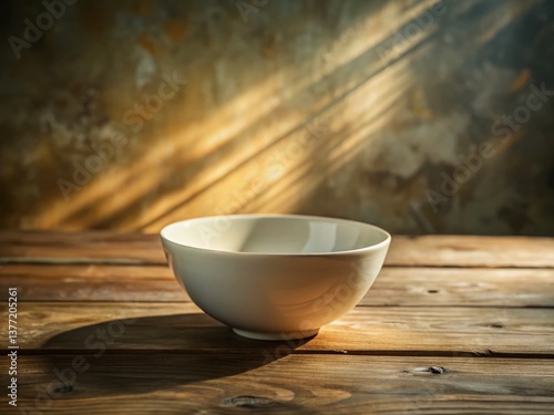 Empty White Ceramic Bowl on Rustic Wooden Table - Stock Photo