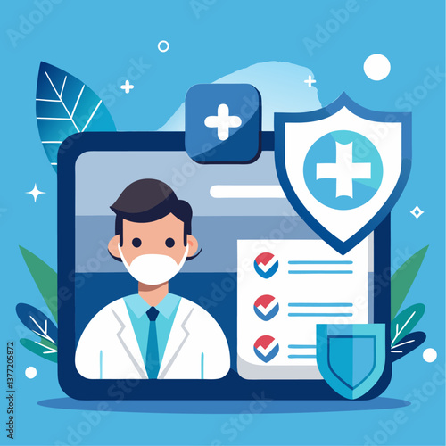 Wellbeing metaphor. Health insurance contract. Vector illustration of insurance concept.. health-insurance-card-with-details-and-medical-ico