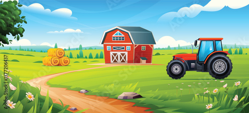 Rural farm field landscape. Red tractor near hay bales and barn on a bright summer day with green fields. Vector cartoon illustration