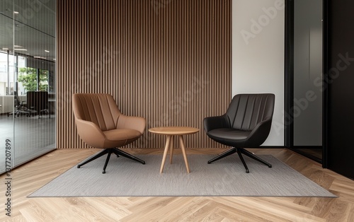 Two modern armchairs face each other across a small round table on a patterned rug in a modern office setting. Wooden wall paneling and hardwood floors complete the scene