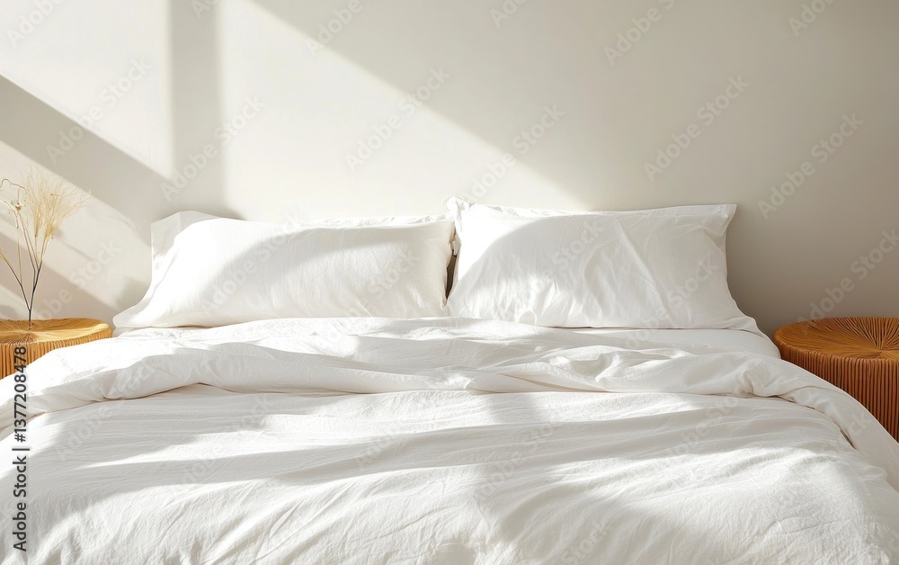 Sunlit bedroom with white bedding, textured duvet, and side tables. Soft natural light illuminates the scene, creating a calm and peaceful atmosphere Sunlit bedroom with white bedding, textured duvet, and side tables. Soft natural light illuminates the scene, creating a calm and peaceful atmosphere