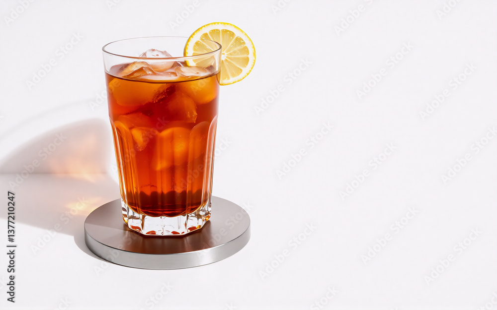Iced tea in a clear glass with ice cubes and a lemon slice, presented on a round metal coaster against a bright white backdrop. Refreshing and simple drink. Iced tea in a clear glass with ice cubes and a lemon slice, presented on a round metal coaster against a bright white backdrop. Refreshing and simple drink.