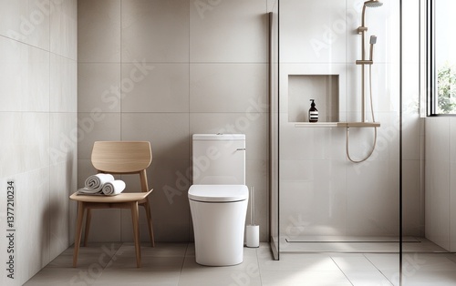 Modern bathroom interior with a white toilet, wooden chair, and glass shower enclosure. Neutral color palette with beige and light brown tones. Minimalist design
