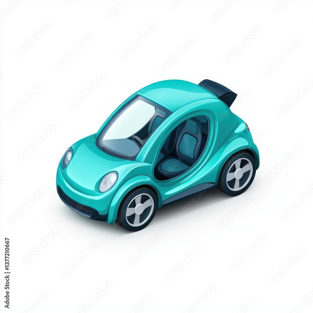 Cute 3D Toy Car in Bright Turquoise Color with Transparent Windshield and Sleek Design on White Background Cute 3D Toy Car in Bright Turquoise Color with Transparent Windshield and Sleek Design on White Background