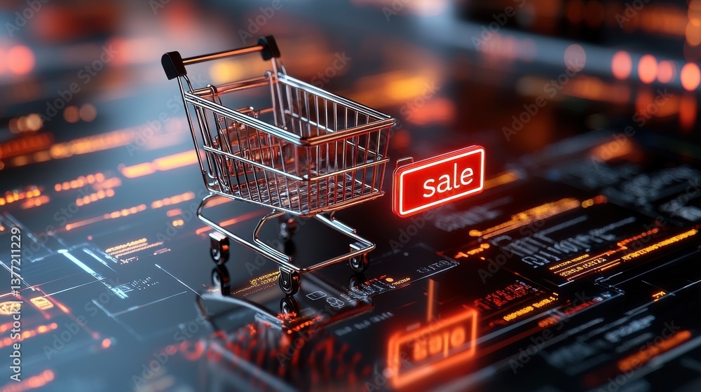A digital shopping cart displayed on a screen with a prominent sale sign indicating an e commerce or online retail platform offering discounted products or services A digital shopping cart displayed on a screen with a prominent sale sign indicating an e commerce or online retail platform offering discounted products or services