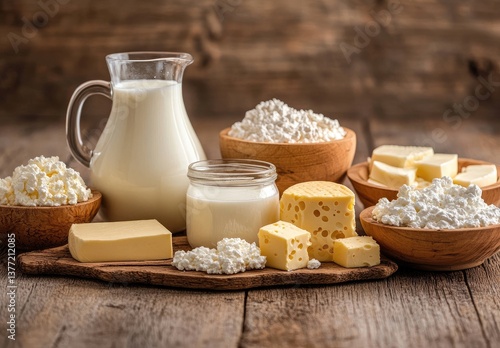 Variety of dairy products on wooden surface