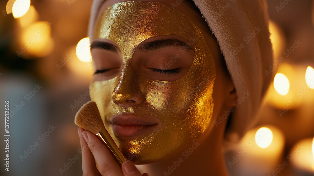 Woman applying a golden face mask with a brush, her reflection visible in a spa mirror, soft glowing candlelight Woman applying a golden face mask with a brush, her reflection visible in a spa mirror, soft glowing candlelight