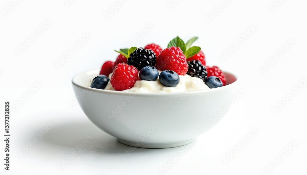 Bowl greek yogurt with fresh berries on white. Fresh raspberries, blueberries, blackberries on top of creamy yogurt. Healthy breakfast, snack or dessert. Vegetarian food, summer meal concept. Bowl greek yogurt with fresh berries on white. Fresh raspberries, blueberries, blackberries on top of creamy yogurt. Healthy breakfast, snack or dessert. Vegetarian food, summer meal concept.
