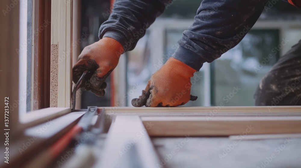 A construction worker installing a door frame at a construction site. Featuring focus and craftsmanship A construction worker installing a door frame at a construction site. Featuring focus and craftsmanship