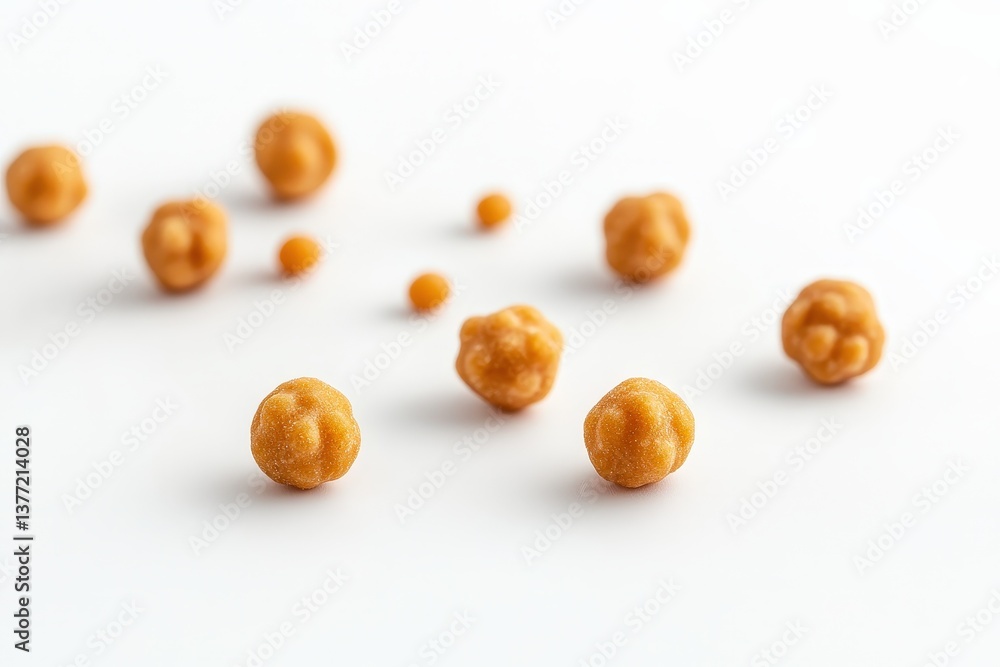 Obraz premium Scattered golden snacks appear on a pristine and clean white surface