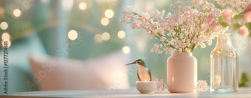 A serene indoor scene featuring a delicate bird among blossoming flowers in a stylish vase, creating a harmonious atmosphere with soft bokeh lights in the background.