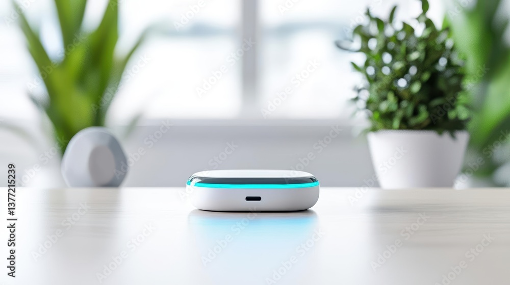Clean hybrid workspace featuring a smart assistant and a wireless charger Clean hybrid workspace featuring a smart assistant and a wireless charger