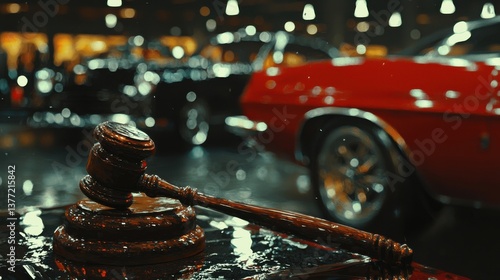 A gavel rests on a table, surrounded by classic cars in a vibrant auction setting.