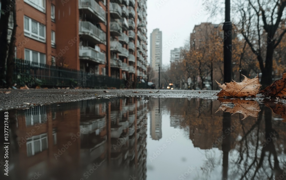 Reflection of apartment buildings in a rain puddle on a city street. Brown and orange autumn leaves are near the puddle. Overcast sky Reflection of apartment buildings in a rain puddle on a city street. Brown and orange autumn leaves are near the puddle. Overcast sky