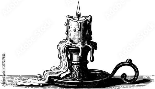 single candle with a holder engraving black and white outline
