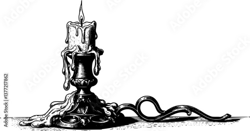 single candle with a holder engraving black and white outline

