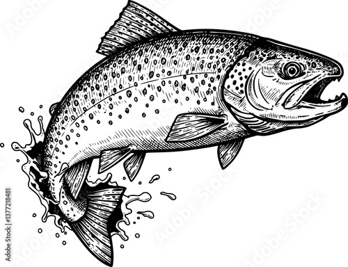 rainbow trout fish engraving black and white outline
