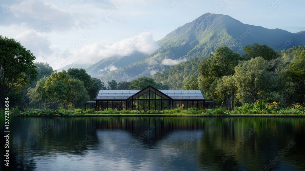 Fototapeta premium Modern Glass House nestled in lush greenery reflecting on tranquil lake against majestic mountain backdrop