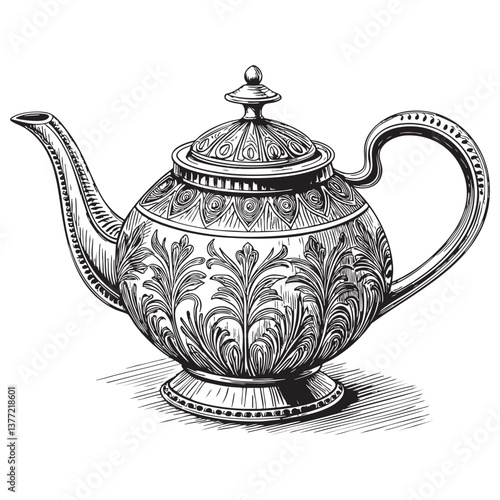 vintage teapot woodcut engraving vector illustration