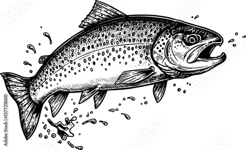 rainbow trout fish engraving black and white outline
