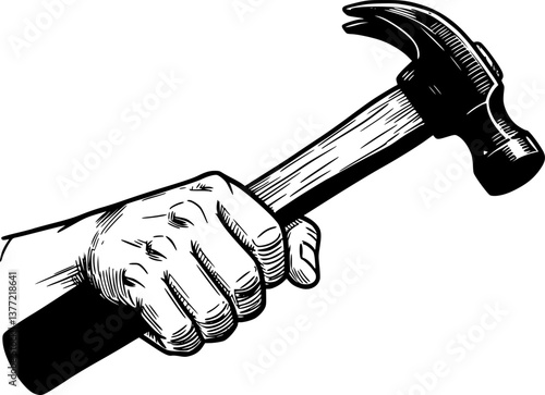 hand holding hammer engraving black and white outline
