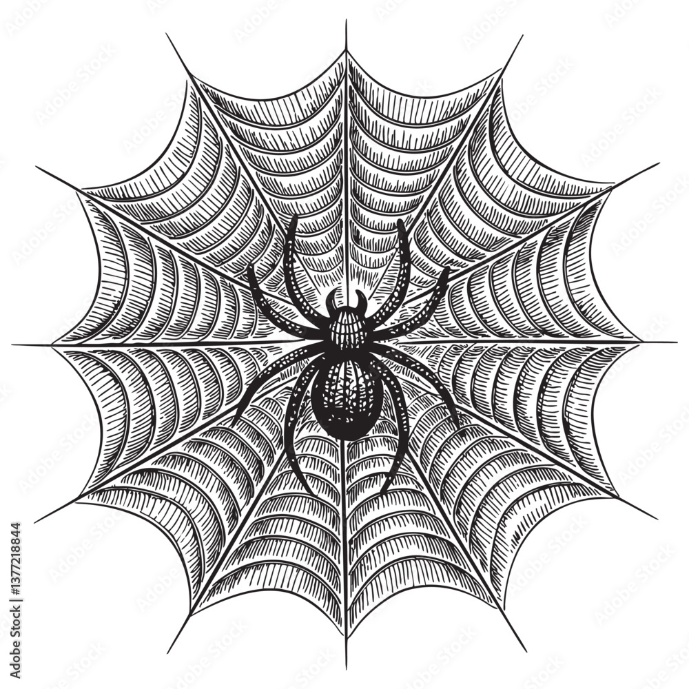 Obraz premium spider web woodcut engraving vector illustration