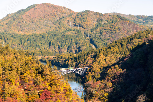 Fukushima, JAPAN - Nov 10, 2024: Train run cross Daichi Tagamigawa Bridge view from First Tadami River Bridge