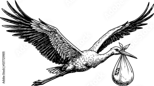 stork deliver baby engraving black and white outline
