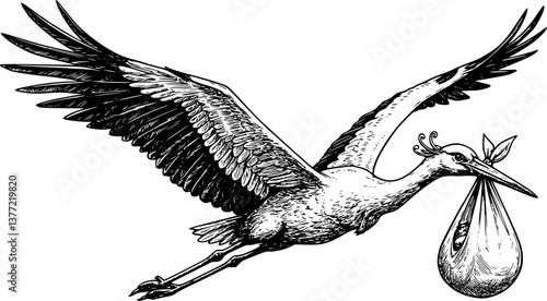stork deliver baby engraving black and white outline

