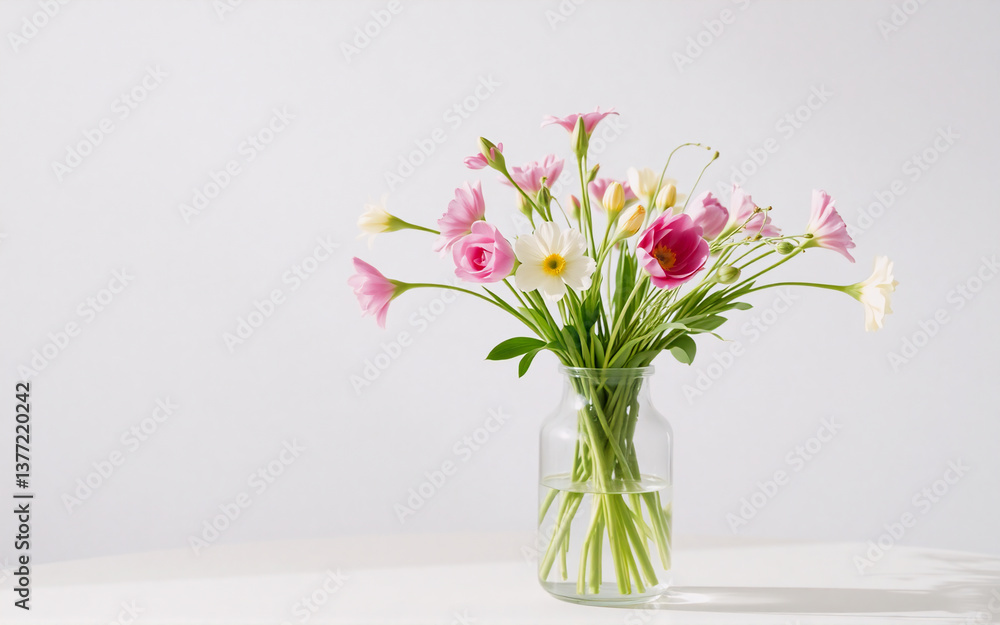 Delicate bouquet with pink, white, and yellow flowers in a clear vase on a white surface. Simple floral arrangement against a plain backdrop. Delicate bouquet with pink, white, and yellow flowers in a clear vase on a white surface. Simple floral arrangement against a plain backdrop.
