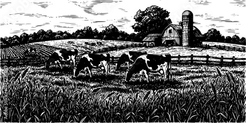 dairy cows grazing in a field landscape engraving black and white outline
