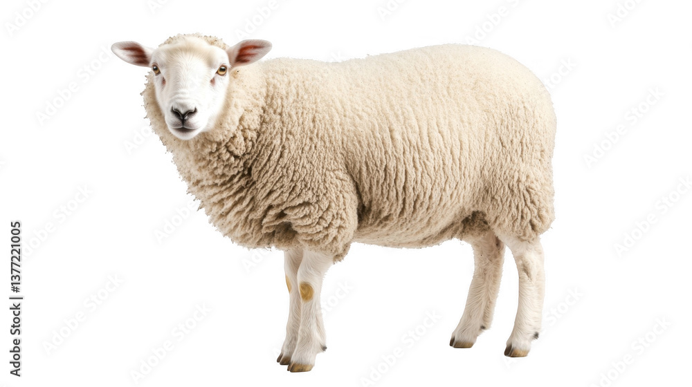 Fluffy White Sheep Standing in Natural Pose on White Background Fluffy White Sheep Standing in Natural Pose on White Background