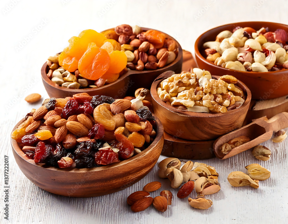 Assorted nuts and dried fruits in wooden bowls, rustic on white background Assorted nuts and dried fruits in wooden bowls, rustic on white background