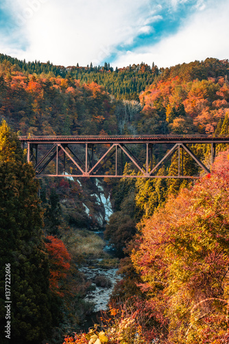 Fukushima, JAPAN - Nov 10, 2024: Tadami line railroad bridge across Tadami river near Takuya station in Fukushima