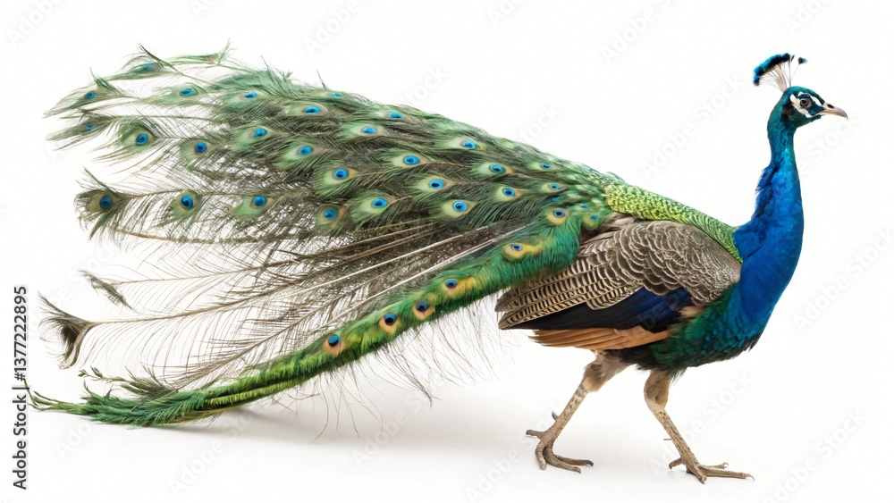 Obraz premium Majestic Indian Peacock with Vibrant Plumage Displayed on White Background