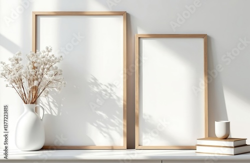 Modern mockup design wooden frames on white wall. Empty space for artwork, posters, photos. Scandinavian interior with books, ceramic vase with dry gypsophila plant, minimalist decor.