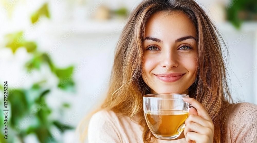 Woman Holding a Glass of Tea in a Cozy Setting with Relaxing Vibes Woman Holding a Glass of Tea in a Cozy Setting with Relaxing Vibes