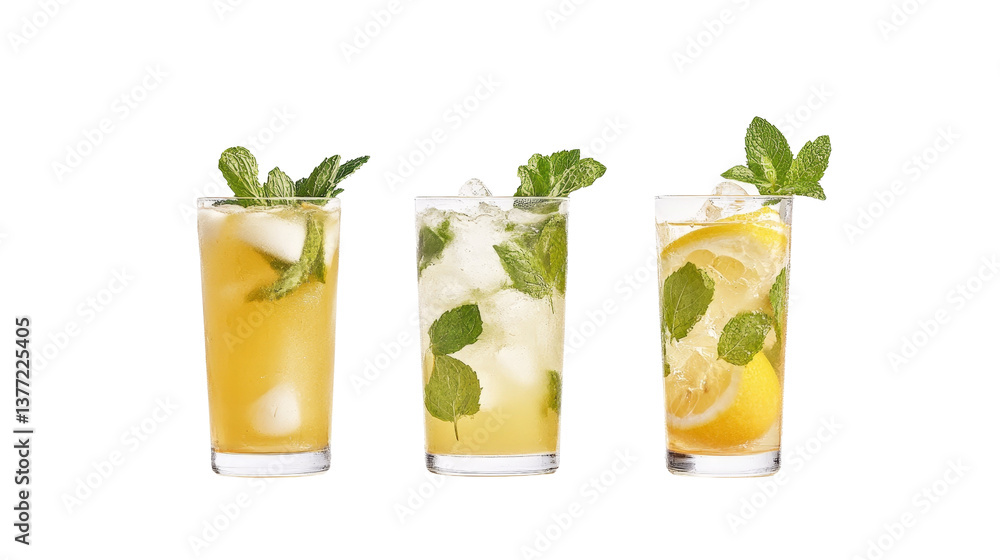 Fototapeta premium Summer drinks, mojito, lemonade, and iced tea, Transparent background, PNG file,