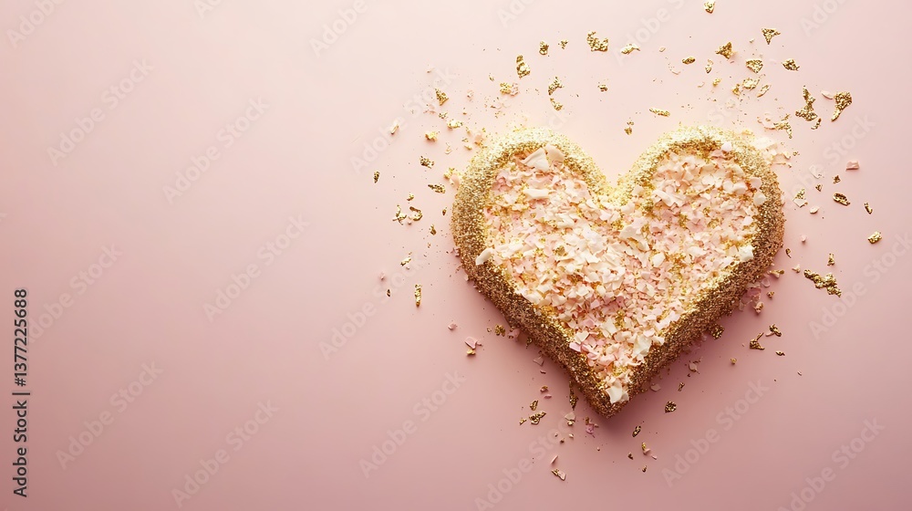 Decorative heart shape with golden particles scattered on surface Decorative heart shape with golden particles scattered on surface