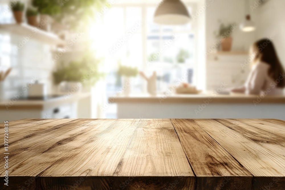 Empty wooden kitchen table top, blurred background of a bright, modern kitchen with a person Empty wooden kitchen table top, blurred background of a bright, modern kitchen with a person