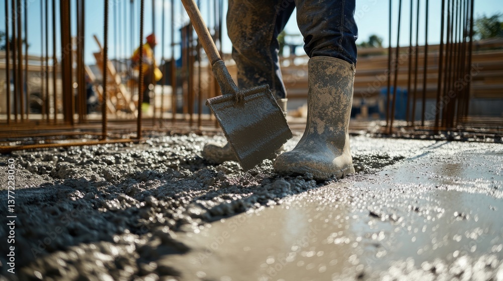 A construction worker laying concrete for a foundation. Featuring strength and precision A construction worker laying concrete for a foundation. Featuring strength and precision