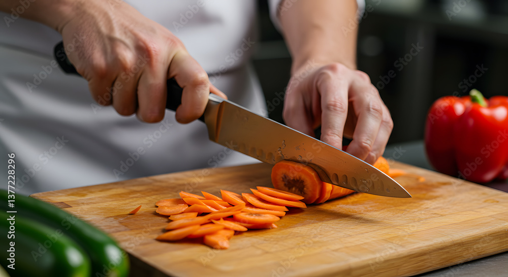 Chef's Hands Precisely Slicing Carrots on Wooden Cutting Board