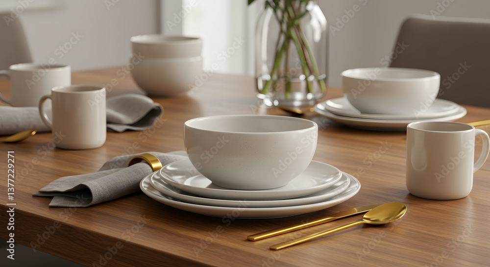 Fototapeta premium Modern Minimalist Table Setting: Warm Wood, Matte White Dinnerware, Gold Flatware