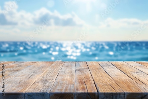 Fototapeta Naklejka Na Ścianę i Meble -  Empty wooden table on a beach, blur background