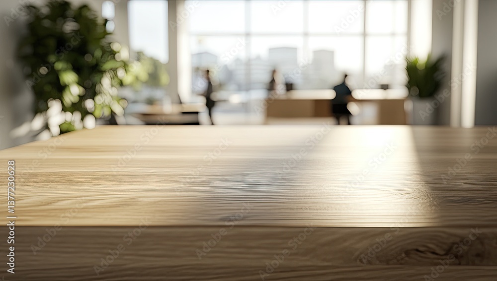 Light-filled modern office reception area, featuring a light wooden table top Light-filled modern office reception area, featuring a light wooden table top