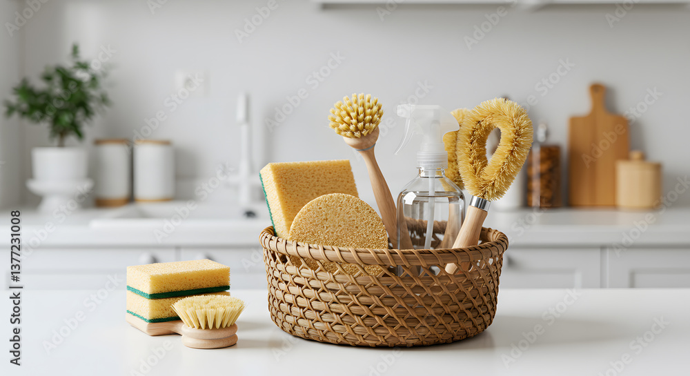 Fototapeta premium Eco-Friendly Kitchen Cleaning Supplies in Wicker Basket